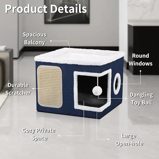 Shikha Cat Beds for Indoor Cats, Large Cat Cave with Cozy Condo, Fluffy Ball, Round Window, Foldable Indoor Cat House Hold Up to 30LBS, Cat Hideaway with Reversible Soft Cushions for All Seasons, Blue