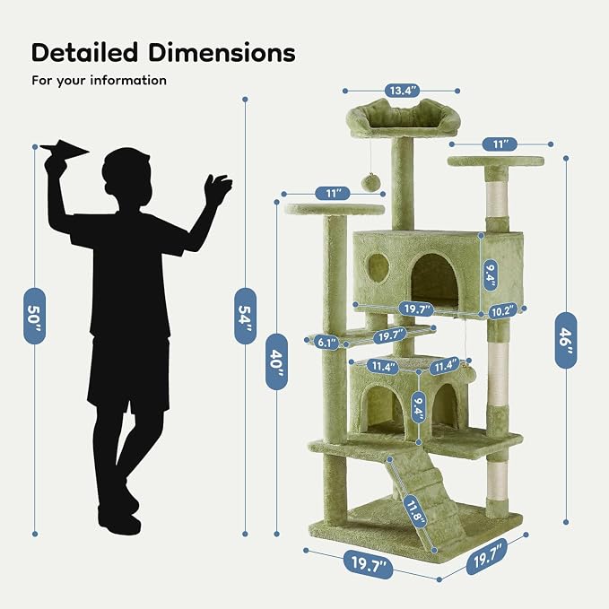 DUMOS 54-inch Indoor Cat Tree Tower –Multi-Level Pet House for Large Cats with 2 Condos, Scratching Posts, Round Platform, Small Ladder, and Toys, Green