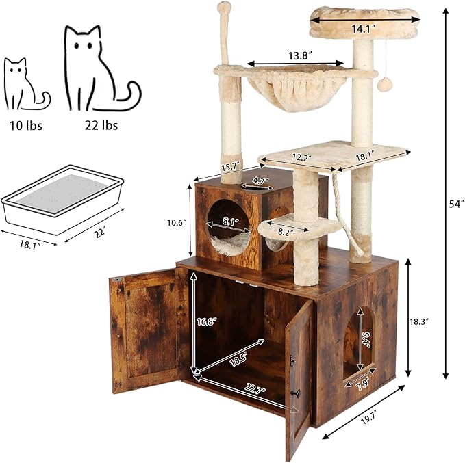 Timberer Cat Tree with Litter Box Enclosure, 2-in-1 Cat Tower for Indoor Cats, Large Wood Cat Condo with Basket, Scratching Posts, Pompoms, Rustic Brown