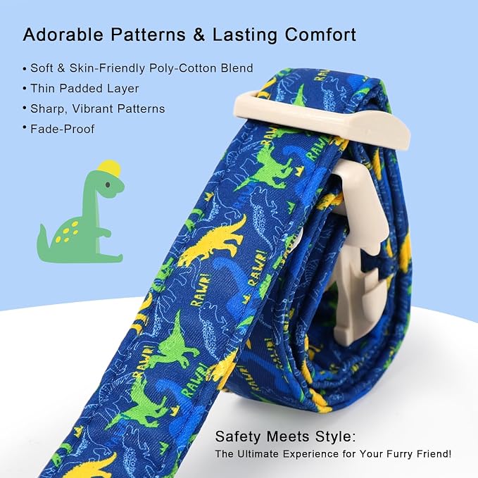 Dinosaur Dog Collar, Cute Boy Dog Collars for Giant Large Dogs - Blue Multicolor Dino Cotton Male Dogs Collar, Soft Adjustable Daily Pet Collars with Quick Release Buckle XL