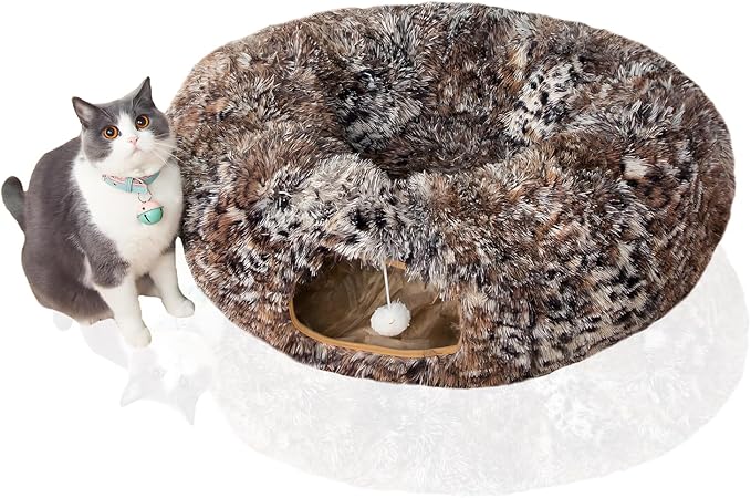 Warm Fluffy Plush Cat Tunnel Bed with Washable Cushion- Big Tube Playground Toys 3 FT Diameter Collapsible, for Indoor Cat Kitty Kitten Puppy Rabbit Ferret Leopard Print