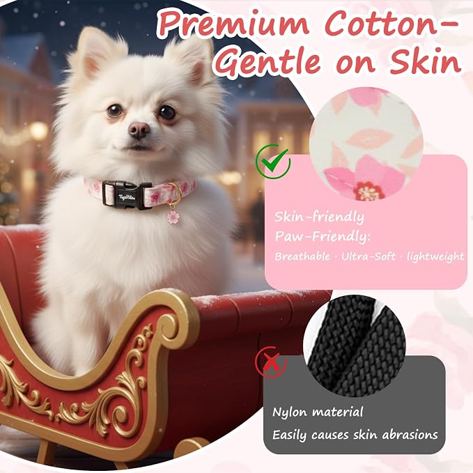 Dog Collar with Pink Cherry Blossom Patterns, Spring Summer Collection Dog Collar with Exquisite Pendant, Durable Adjustable Collars for Gifts & Daily Use-XS