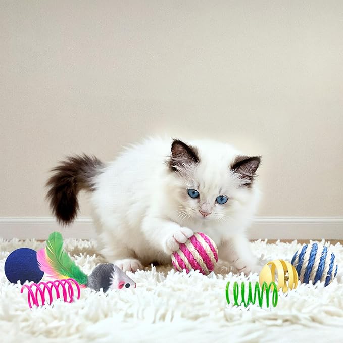 Cat Toys for Indoor Cats, 35 Packs Interactive Cat Toys Set with Colorful Springs, Mouse Cat Toy, Crinkle, Sisal, Pompom and Color Bell Balls for Kitten Toys