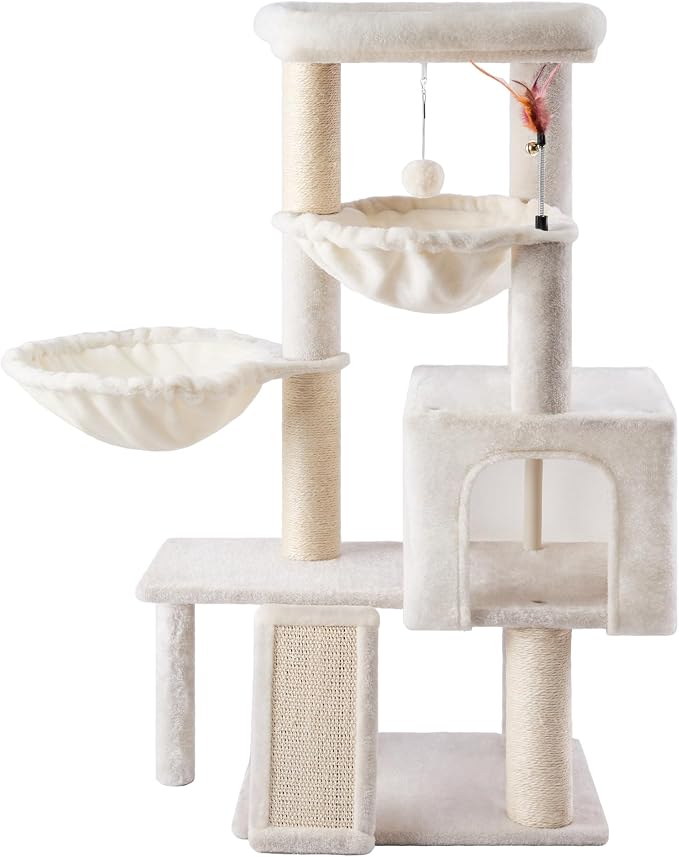 Cat Tree with Cat Condo and Two Hammocks, Cat Tree with Scratching Posts and Scratching Pads, Cat Tower for Indoor Cats, Activity Centre Climbing Tree with Playful Toy Balls, Beige