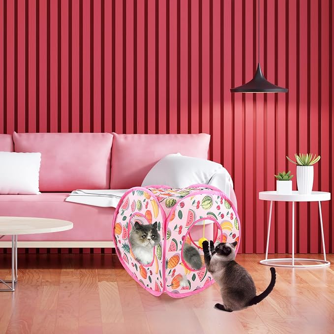 Andiker Small Cat Tents for Indoor Cats, Summer Fruit Patten 15" Foldable Cat Tube with 1 Plush Ball and 3 Holes Kitten Hide-and-Seek Toy to Relieve Boredom Also for Kitten Rabbits (Pink)