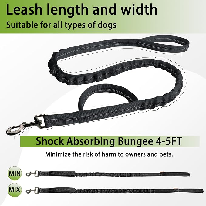 FOVRLZSE Reflective Bungee Dog Leash(Black) - 4FT to 5FT Adjustable Shock Absorbing Leash with Double Padded Handle & 360° No Tangle Metal Clasp for Small Medium Large Dogs