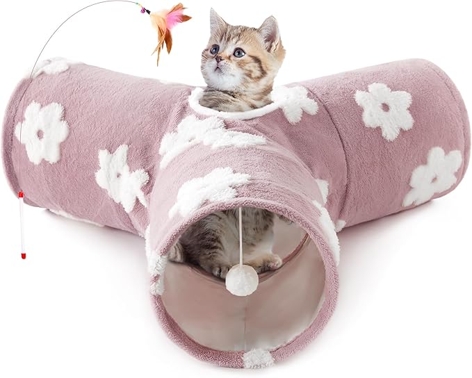 Tempcore Flannel Cat Tunnel for Indoor Cats, 3 Way Collapsible Pet Play Tunnel with Teaser Wand, Peek Holes & Hanging Ball, Interactive Tube for Kittens & Rabbits, Daisy Burlwood