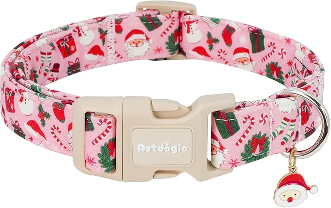 Christmas Dog Collar for Medium Dogs, Pink Cotton Medium Dog Collars with Santa & Snowman Patterrn, Adjustable Holiday Dog Collars, Cute Winter Collar for Girl Boy Dogs