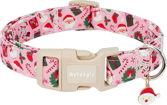 Christmas Dog Collar for Medium Dogs, Pink Cotton Medium Dog Collars with Santa & Snowman Patterrn, Adjustable Holiday Dog Collars, Cute Winter Collar for Girl Boy Dogs