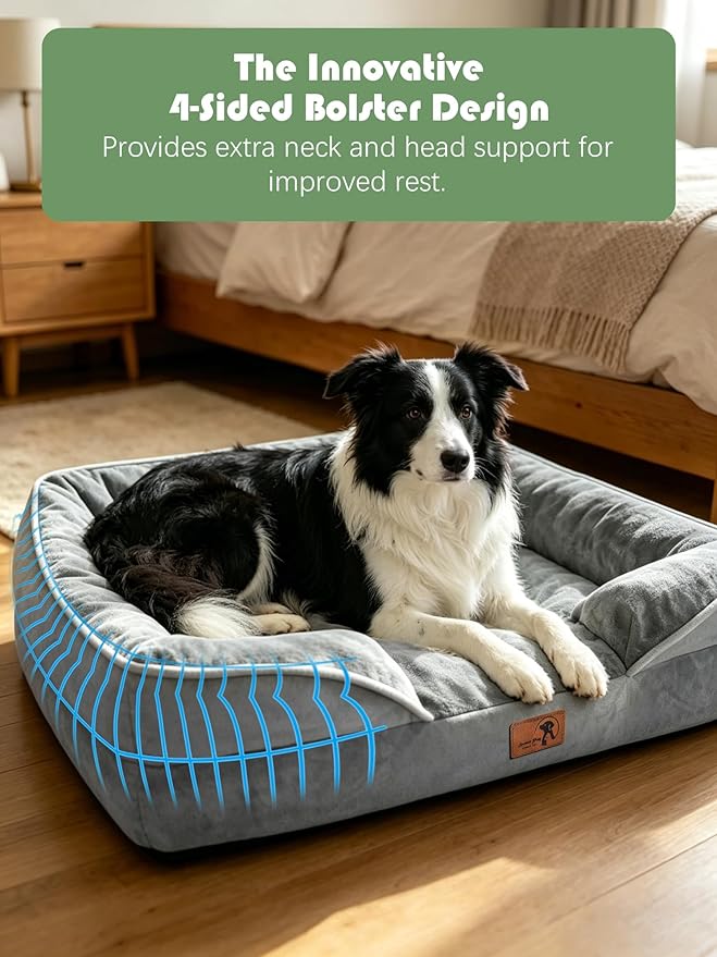 Spotted Play Orthopedic Dog Bed with Sides - Dog Sofa Beds for Large Dogs, Supportive Foam Pet Couch Bed with Washable Removable Cover, Waterproof Lining and Non-Slip Bottom, Grey - L