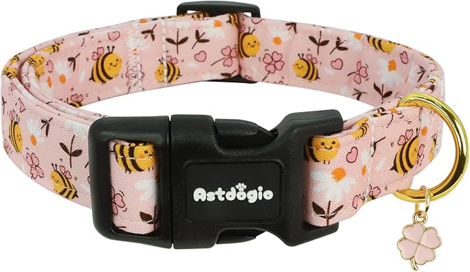Dog Collar for Spring Summer, Pink Dog Collars with Bee & Flowers, Adjustable Cotton Puppy Dog Collars, Cute Girl or Boy Dog Collar Ideal for Small Medium Large Dogs,Pet Accessory,M
