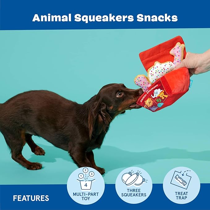 Barkbox Animal Squeakers 4-in-1 Interactive Plush Dog Toy - Squeaky Dog Toys with Crinkle Box and Treat-Hiding - for Extra Small to Small Dogs and Puppies