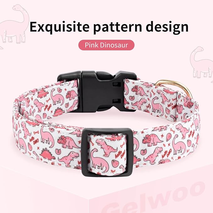 Cotton Dog Collar,Soft and Cute Puppy Collars with Pink Dinosaur Patterned Design for Girl Female Boy Dogs,Adjustable Buckle Pet Collar for Small Medium Large Dogs (Pink Dinosaur, L)