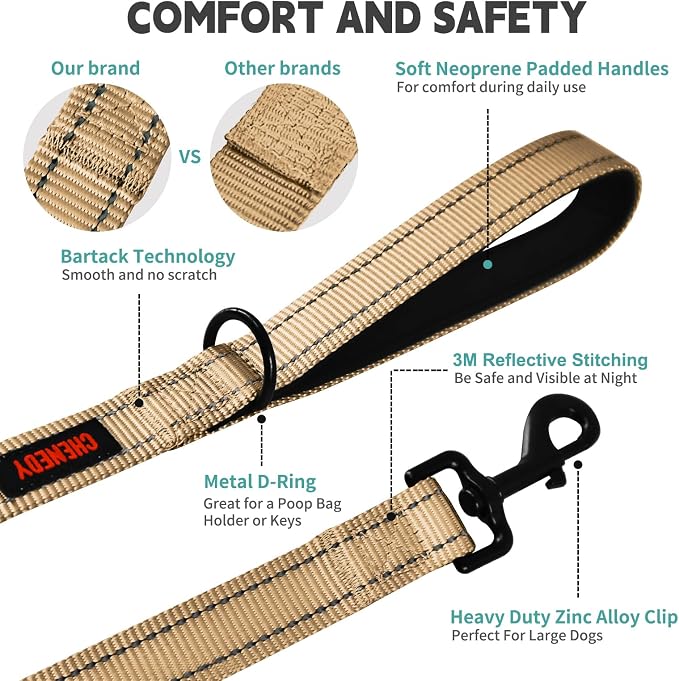 Dog Leash, Heavy Duty Dog Leash, Leashes for Large Breed Dogs, Double Handle Dog Leash, Reflective Training Lead, Perfect for Medium to Large Dogs(5FT, Khaki)