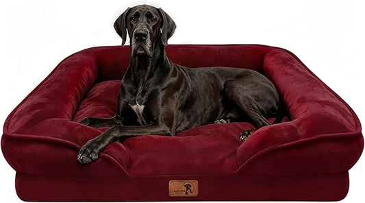 Spotted Play Orthopedic Dog Bed with Sides - Sofa Beds for Extra Large Dogs, Supportive Foam Pet Couch Bed with Washable Removable Cover, Waterproof Lining and Non-Slip Bottom, Burgundy - XXL