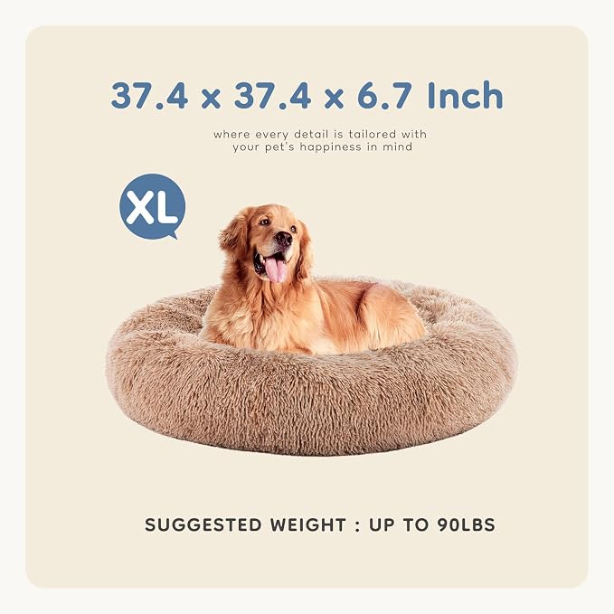 DUMOS 37.4x37.4 Inch Calming Donut Dog Beds for Large Dogs, Machine Washable Cuddler Warming Cozy Fluffy Faux Fur Plush Round Pet Bed, Anti-Slip Bed for Indoor Dogs and Cats, Brown