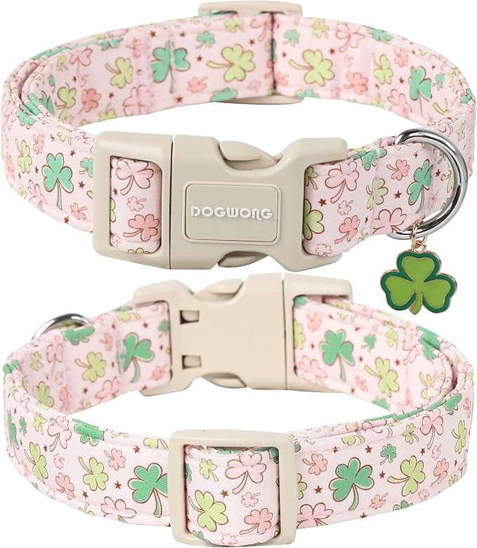 DOGWONG Green Dog Collar- Spring Female Dog Collars Adjustable St. Patrick's Day Puppy Pink Clover Dog Collar for Small Medium Large Dogs XL