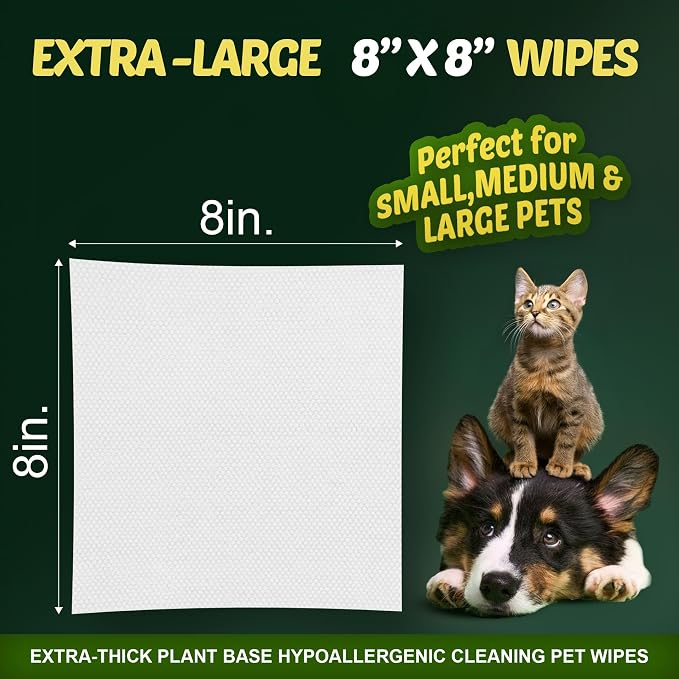 Petazy Pet Wipes for Dogs and Cats – 200 Count (8x8in) Hypoallergenic, Deodorizing Dog Wipes for Paws, Ears and Butt | XL with Aloe & Coconut Oil, Lavender Scented | Travel Size, 2 On-the-Go Packs