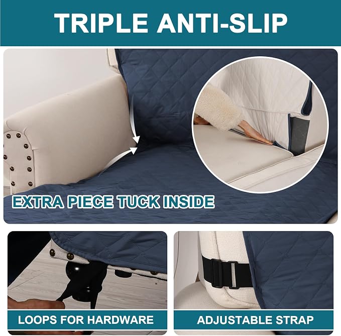Turquoize 100% Waterproof Sofa Covers Chaise Lounge L Shape Sofa Protector Slip Cover Triple Non-Slip Sofa Slipcover for Chaise Sectional Couch Cover for Pets, Kids (Chaise, Navy)