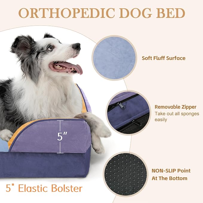 Comfort Expression Orthopedic Dog Bed for Large Dogs 36x27 Inch, Waterproof Egg Crate Foam Large Pet Bed with Bolsters, Dog Couch with Washable Cover & Non-Slip Bottom, Twilight Wave