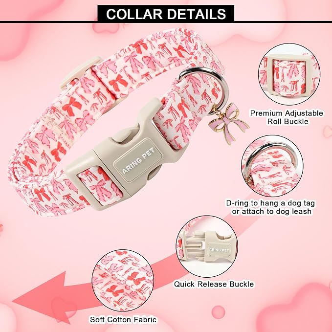 ARING PET Girl Dog Collar, Cute Spring Summer Pink Bow Puppy Pet Collars Necklace for Small Medium Large Female Dogs-L