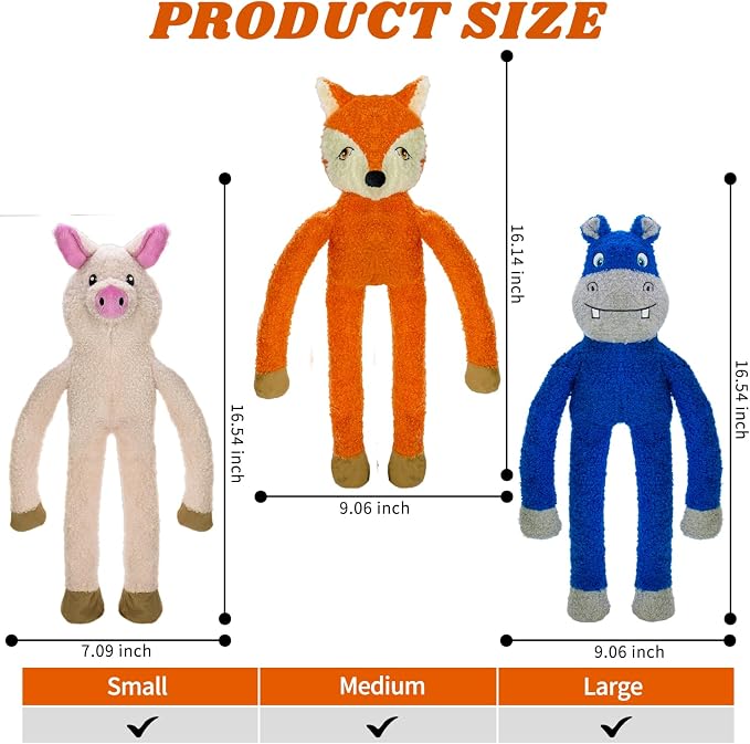3 Pack No Stuffing Crinkle Squeaky Plush Dog Toy | Interactive, Not for Aggressive Chewers, suit for small medium large breed tug game Orange Fox Pink Pig Blue Hippo