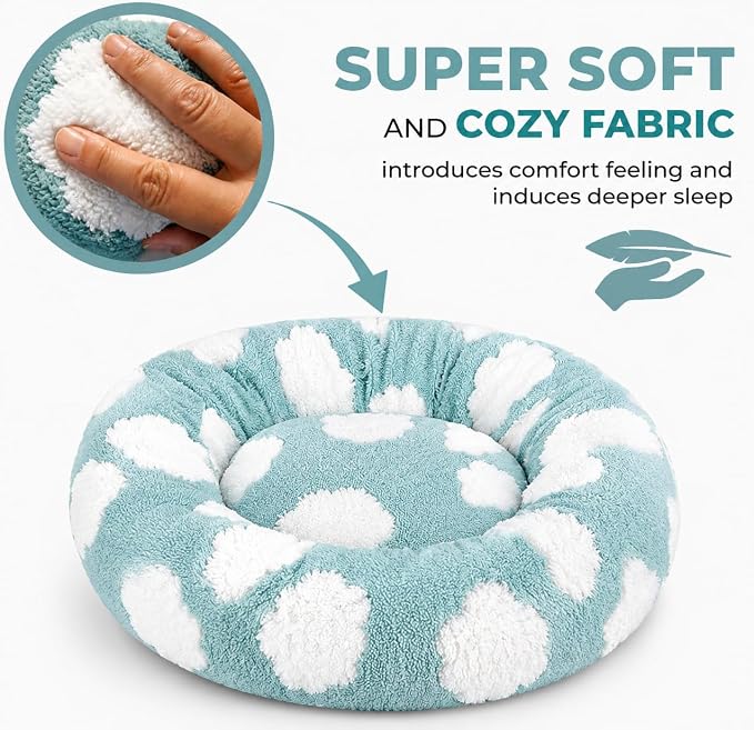 Whiskers & Friends Cat Beds for Indoor Cats, Fluffy Calming Donut Cat Bed, Small Dog Bed Washable - Orthopedic Soft Plush Pet Beds Sized for Kitten to Large Cats & Puppy to Small Dogs - Blue White