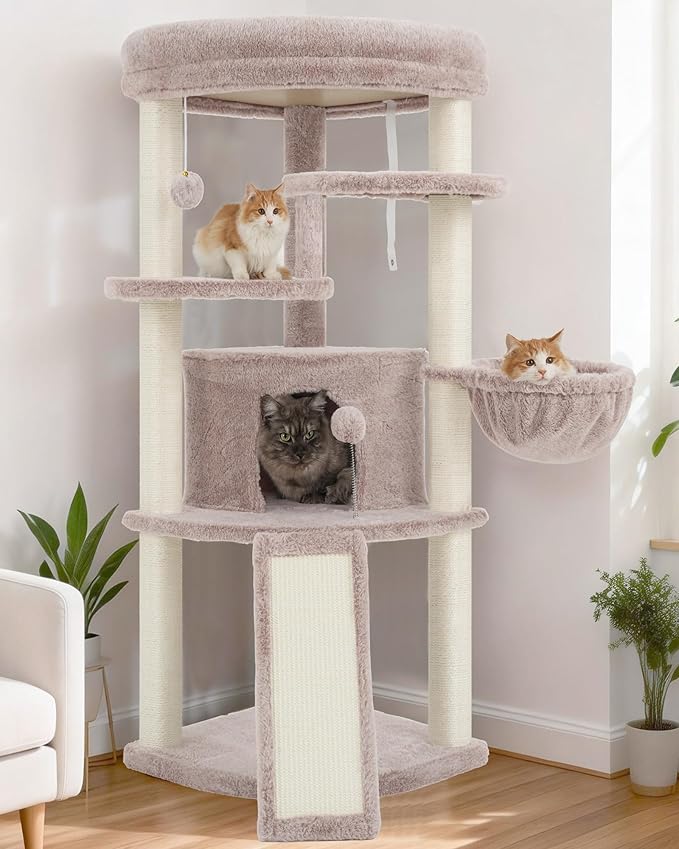 Gitelsnour Corner Cat Tree for Indoor Cats, Cat Tower with All Sisal Scratching Posts, Multi-Level Cat Condo wth Cat Cave, Large Top Perch, Hanging Basket, Sisal Scratching Ramp, Mushroom GCT025MU