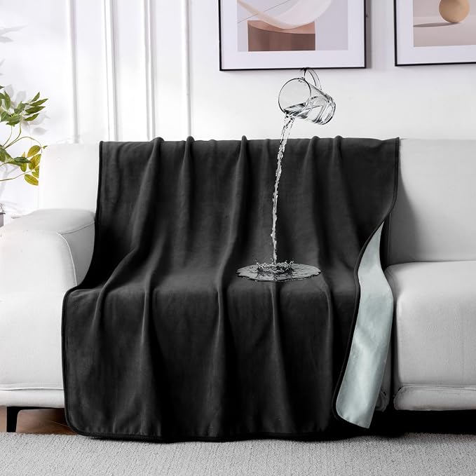 QiyI Waterproof Blanket for Bed Couch Sofa, Small Washable Reversible & Reusable Pet Dog Cat Throw Blanket, Leakproof Stain Resistant Sofa Cover, 40"x60", Black/Light Grey