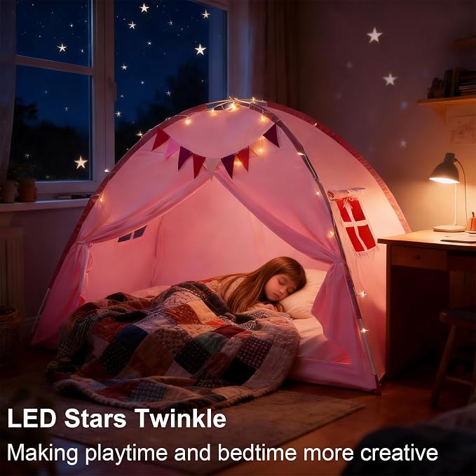Twin Bed Tent Canopy, Indoor Blackout Privacy Toddler Bed Tent for Kids with Light, Portable Sleeping Floor Kids Playhouse (Pink, Twin Size)