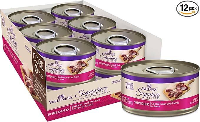 Wellness CORE Signature Selects Shredded Adult Canned Wet Cat Food, Natural, Protein Rich, Grain Free, Duck and Turkey Liver Entrée Recipe, 5.3 oz, Pack of 12 Cans