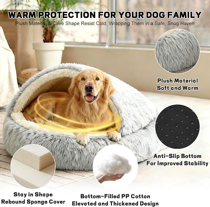 Calming Dog Bed Fluffy Plush Pet Bed Under 35 Pound，Large Cave Bed Washable Non-Slip Cat Nest Pod Windproof，Cozy Indoor Cave for Kitten Dog Non-Slip Bottom (L-31.5in)