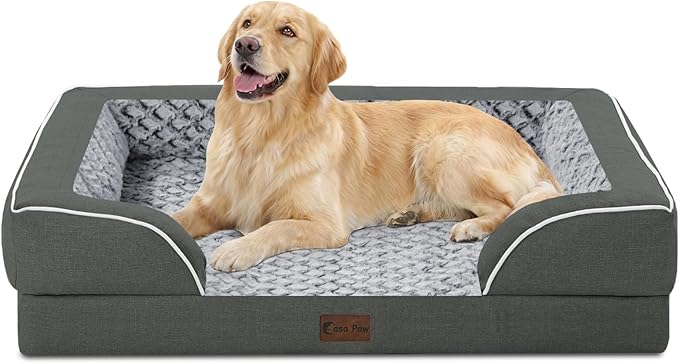 Orthopedic Dog Beds for Large Sized Dogs 36x27 Inch, Waterproof Egg Crate Foam Dog Sofa Bed with Removable Washable Cover Big Pet Couch with Bolster & Non-Slip Bottom, Dark Grey