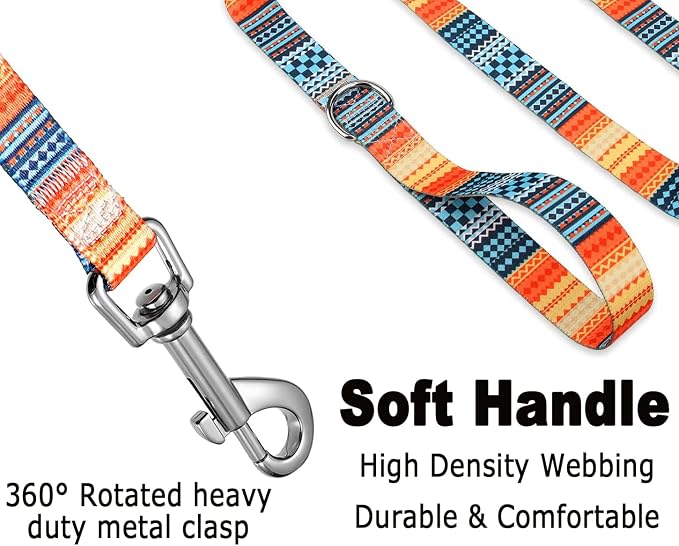 Mihqy Dog Collar and Leash Set with Bohemia Floral Tribal Geometric Patterns - Soft Ethnic Style Collar Adjustable for Small Medium Large Dogs(Bohemian Orange Set,S)