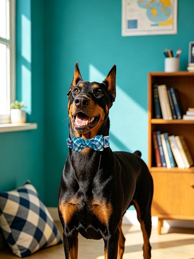 Maca Bates Plaid Blue Dog Collar with Checkered Bow Bowtie for Grid Dogs Bows Tie Adjustable Breakaway Collars Birthday Gift Colar for Small Medium Large XL Girl Boy Male Female Puppy Pets