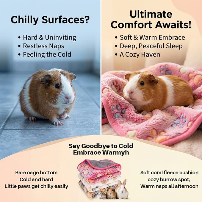 RAINFLOW 3Pcs Guinea Pig Fleece Blanket - Waterproof Washable Pet Cage Liner Pee Pad, Paw Print Absorbent Mat for Small Dog Rabbit Hamster Ferret Chinchilla, 23.6 x 15.7 Inch, 3 Colors