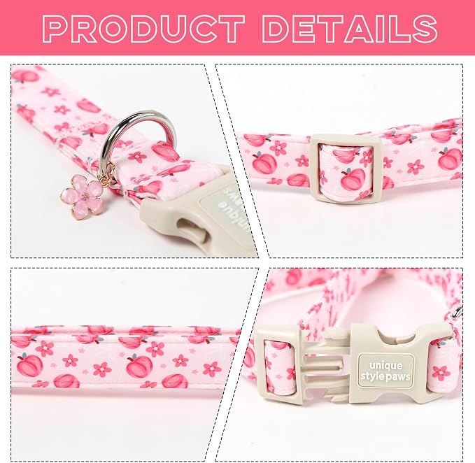 Unique style paws Dog Collar Plastic Buckle with Pendant Puppy Collar for Spring Summer Pink Peach Flower for Small Medium Large Boys Girls Dogs