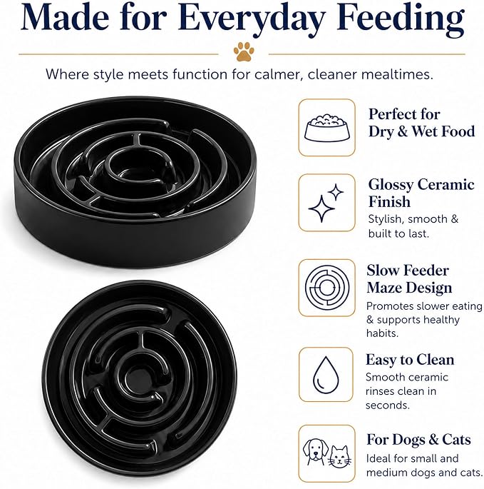 Slow Feeder Dog Bowls, Silicone Dog Bowl with Anti-Slip, Slow Feeder & Non-Slip Design, Boredom and Anxiety Reducer, Suitable for All Breed Dogs and Cat (Ceramic-Black)