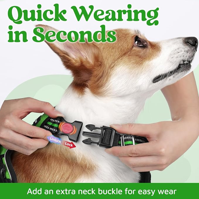 rabbitgoo Dog Harness Small Sized, 3 Buckles Easy On & Off No Pull Pet Vest, Soft Padded Walking Pet Harness with Control Handle, Adjustable and Reflective, Green, S