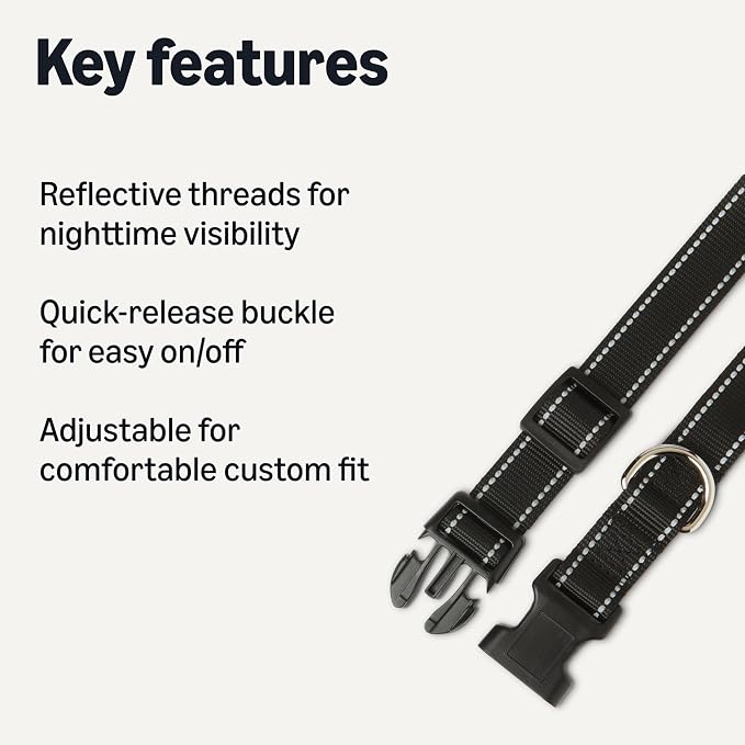 Amazon Basics Reflective Polyester Dog Collar, Adjustable Length 15"-23.5", 1.1" W, Quick-Release Buckle for Easy On/Off, Medium, Black