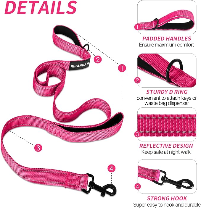 Reflective Dog Leash with Double Handle, Dog Leash 4 FT Long, Supports Medium and Large Dogs, Heavy Duty for Walking, Running, and Training, Rose Red