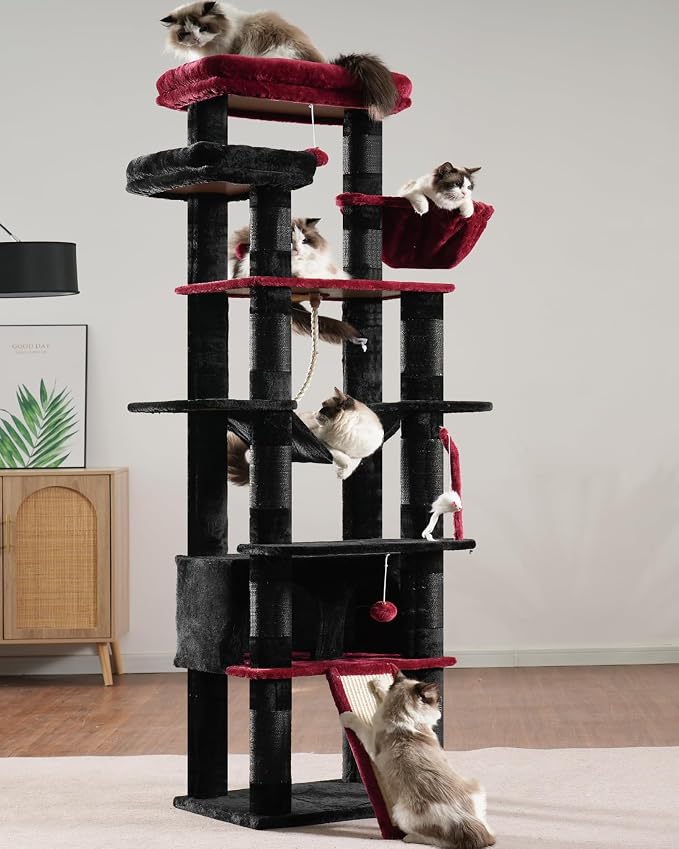 Heybly Tall Cat Tree, 78-inch Multi-Level Cat Tower for Indoor Cats, 2 Widened Plush Perches Cat Condo with Scratching Board and Big Caves, Black and Red HCT033BR