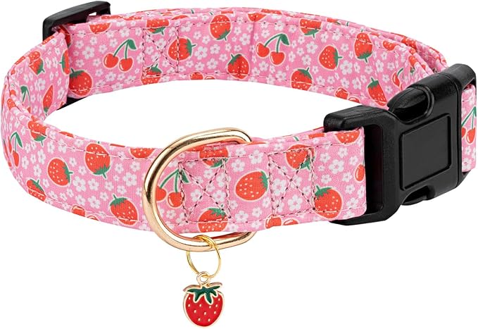 Personalized Dog Collars,Adjustable Puppy Collars with Safety Buckle for Small Medium Large Dogs,Cute and Unique Pink Cherry Pattern Pet Collar for Boy Girl Dogs. (Pink Strawberry, L)