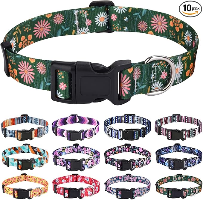 Mihqy Dog Collar with Bohemia Floral Tribal Geometric Patterns - Soft Ethnic Style Collar Adjustable for Small Medium Large Dogs(Dark Green Flower,S)