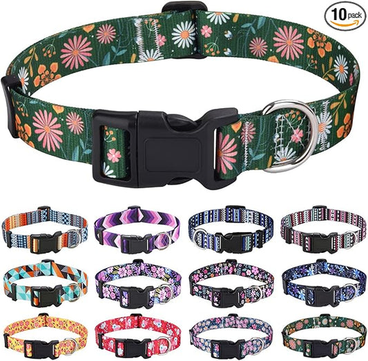 Mihqy Dog Collar with Bohemia Floral Tribal Geometric Patterns - Soft Ethnic Style Collar Adjustable for Small Medium Large Dogs(Dark Green Flower,XS)