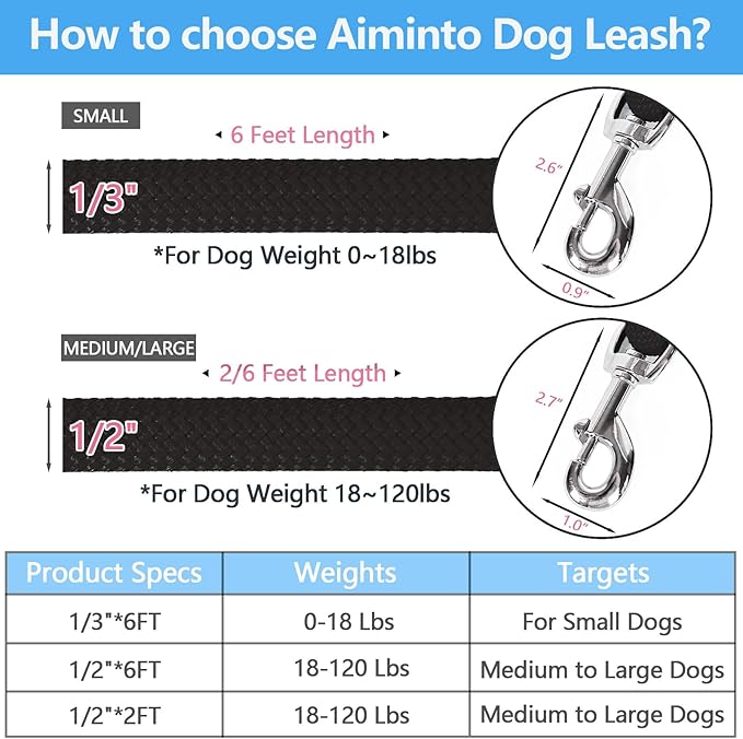 Dog Leash, Braided Rope Traction – Walking Training Lead for Medium/Large Dogs ((1/2") x 6FT, Black)