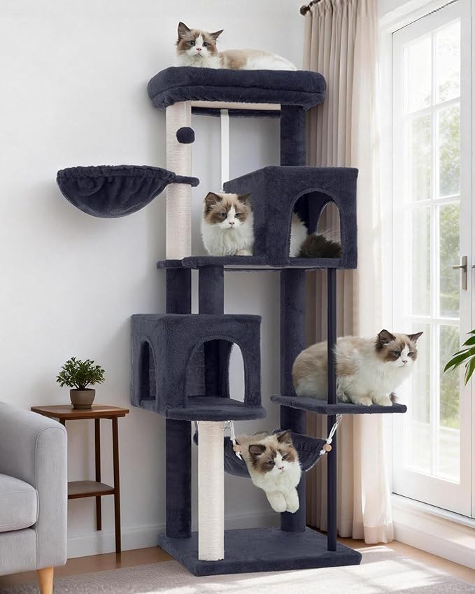 Gitelsnour 51.2'' Cat Tree Tower, Cat Tower with Scratching Post, Sturdy Steel Pube Cat Tree for Inoor Cats Large Adult, Cat Hammock and Basket, Padding Top Platform, Smoky Gray GCT014G