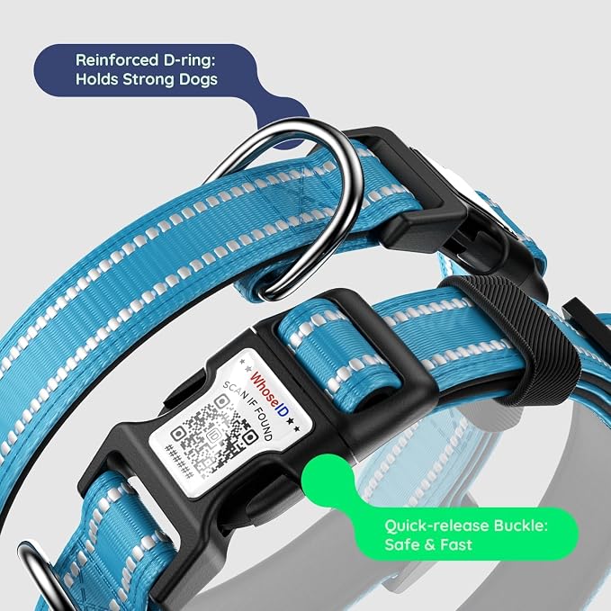 Airtag Dog Collar, Reflective Ultra-Durable Nylon Padded with QR Buckle & IP68 Waterproof Air Tag Holder Compatible for Apple AirTag, Comfortable for Small Medium Large Dogs (Blue, XL)