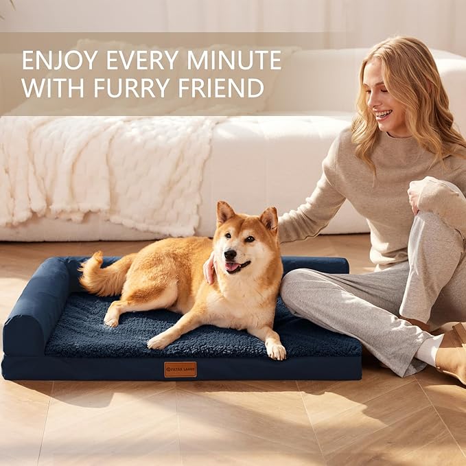 Patas Lague Orthopedic Jumbo Dog Bed for Extra Large Dogs 56''X40'', Waterproof L Bolster Jumbo Pet Sofa Beds with Removable Washable Cover, Soft Pet Couch Crate Mat with Nonskid Bottom, Navy Blue
