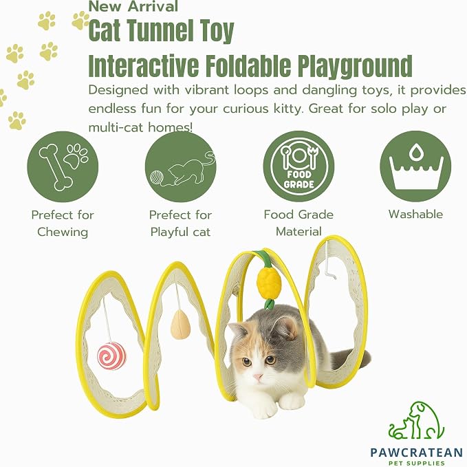 Cat Tunnel with Hanging Toys, Cat Toys Kitten Toys Assorted, Indoor Activity Center for Cats and Kittens, 10 x 22 inches (Yellow)